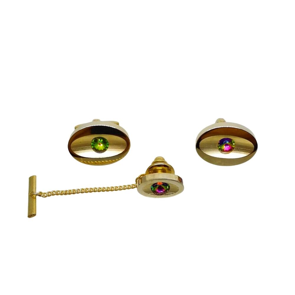 Gold Tone Cufflinks & Tie Pin Watermelon Rivoli Rhinestone Tack Coventry Riviera - Picture 2 of 9